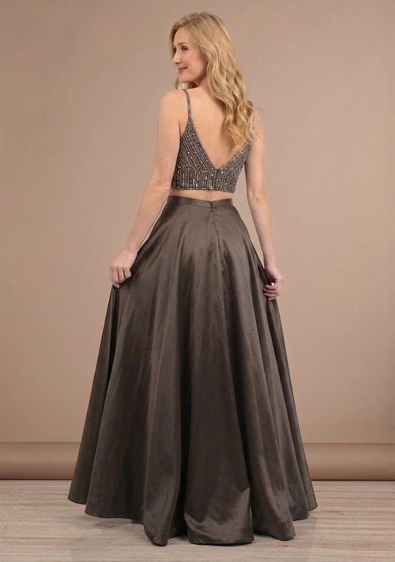 Brown Sequin Net Prom Dress - Indya
