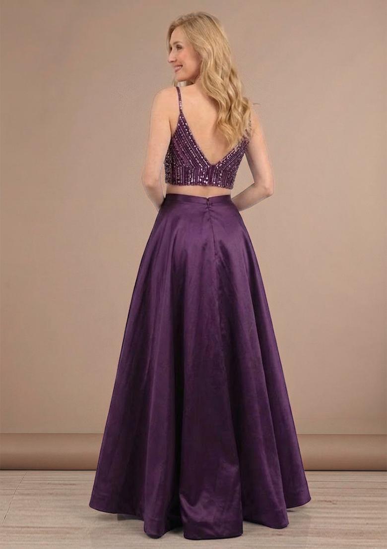 Purple Sequin Net Prom Dress - Indya