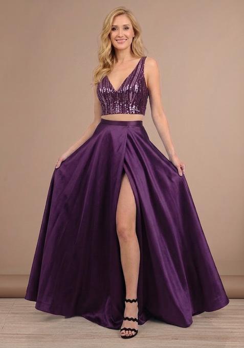 Purple Sequin Net Prom Dress