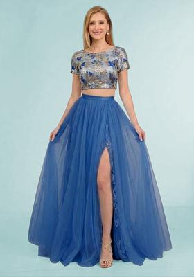 Steel Blue Embroidered Prom Dress