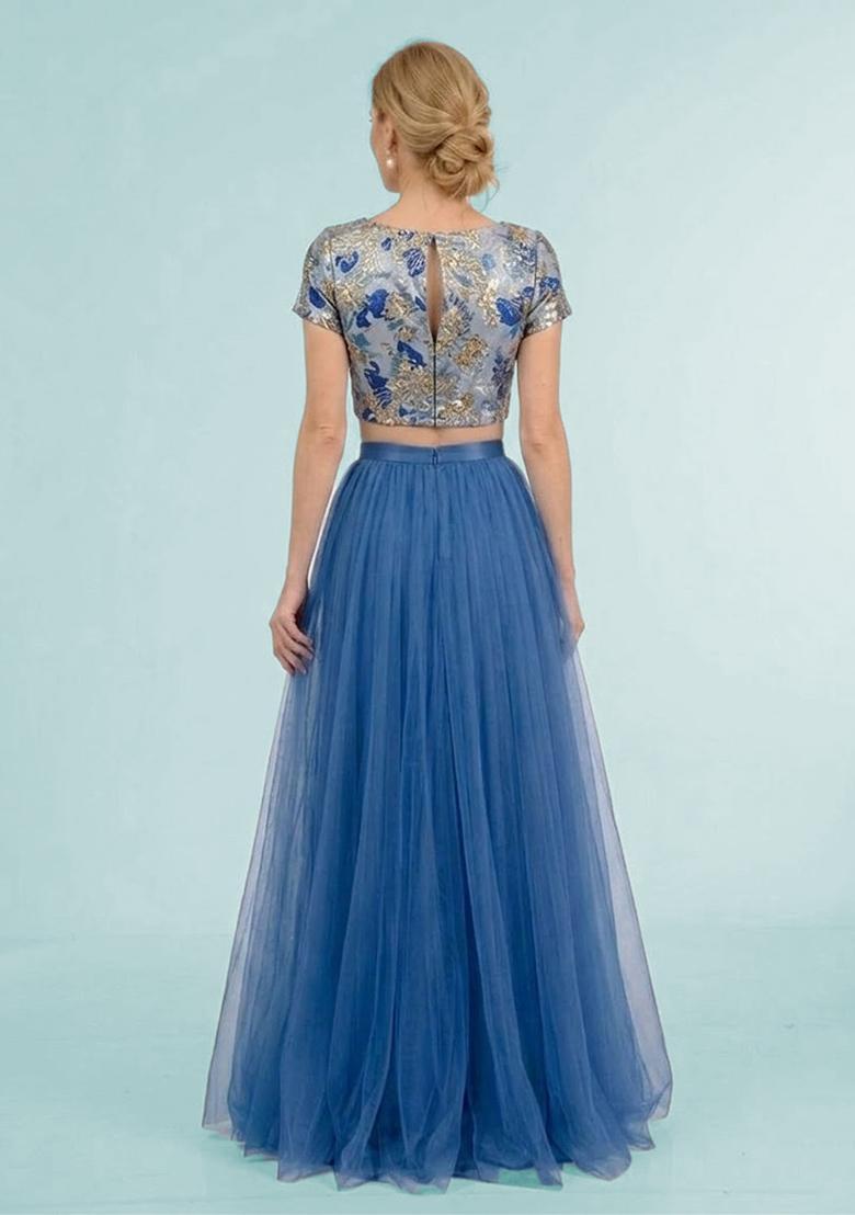 Steel Blue Embroidered Prom Dress - Indya