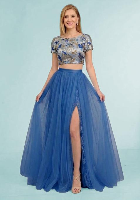 Steel Blue Embroidered Prom Dress