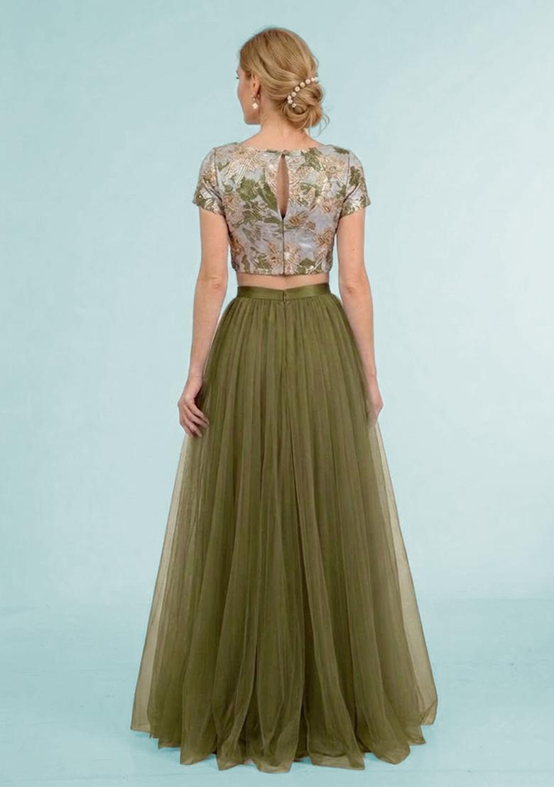 Olive Green Embroidered Prom Dress - Indya