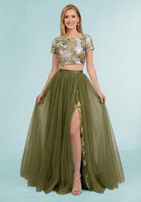 Olive Green Embroidered Prom Dress