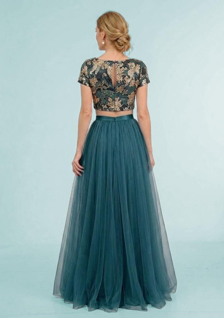 Teal Blue Embroidered Prom Dress - Indya