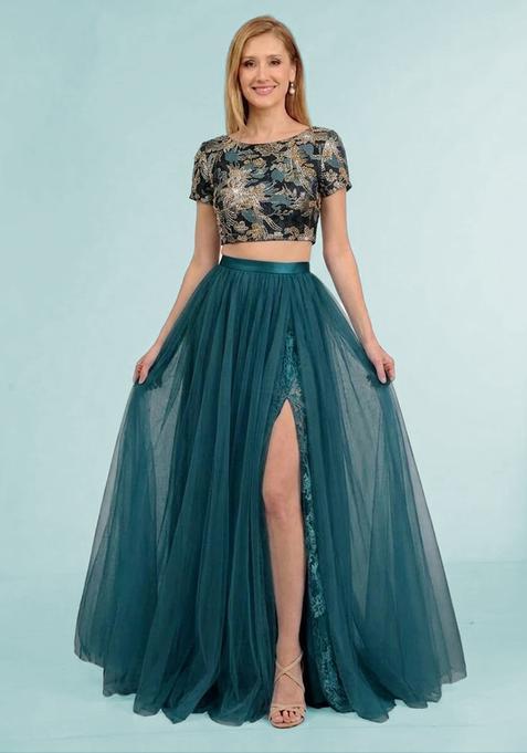 Teal Blue Embroidered Prom Dress