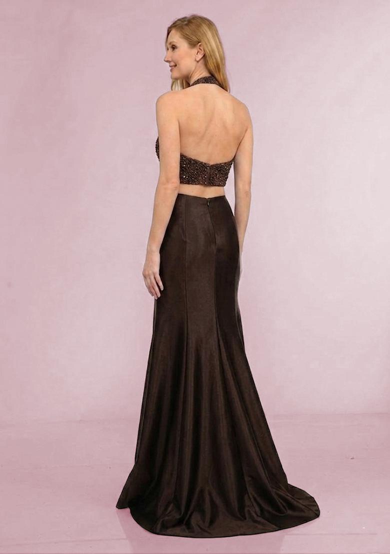 Dark Brown Sequin Net Prom Dress - Indya