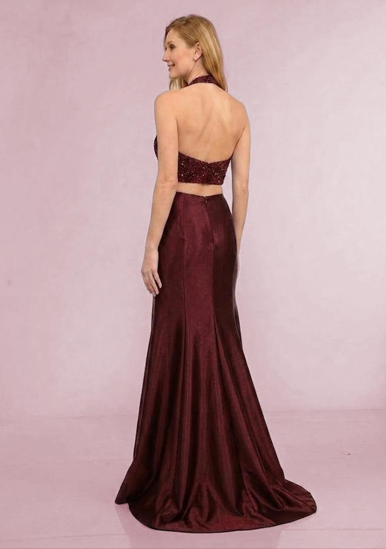Maroon Sequin Net Prom Dress - Indya