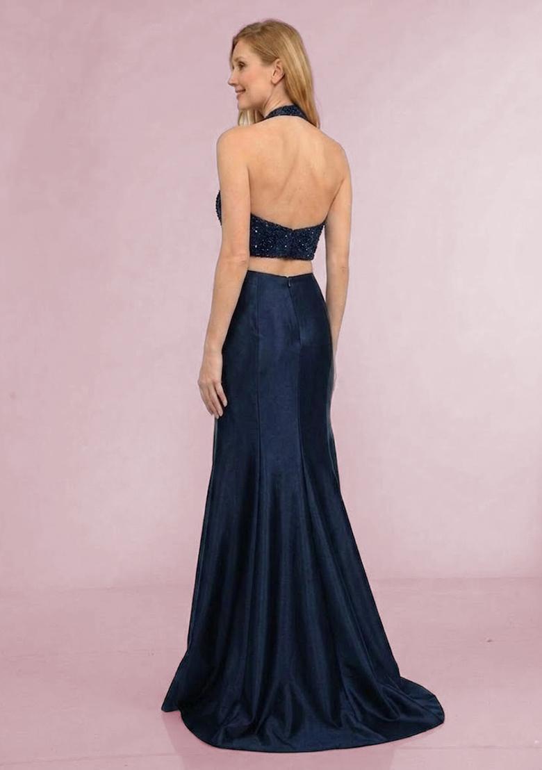 Navy Blue Sequin Net Prom Dress - Indya