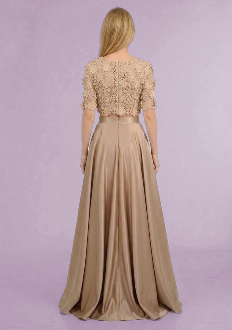 Beige Self Design Prom Dress - Indya