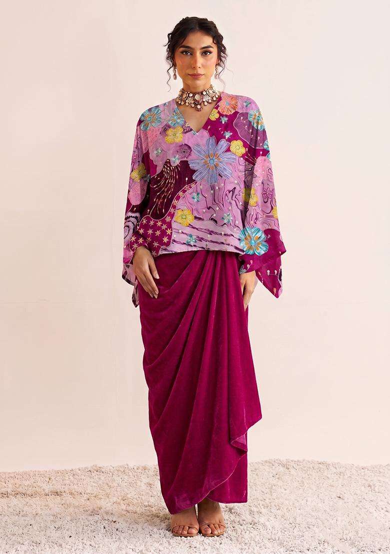 Magenta Printed Crepe Fusion Set - Indya