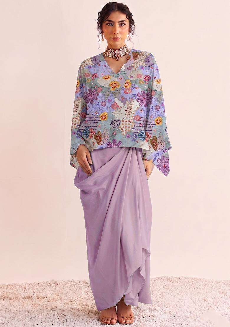 Blue Printed Crepe Fusion Set - Indya