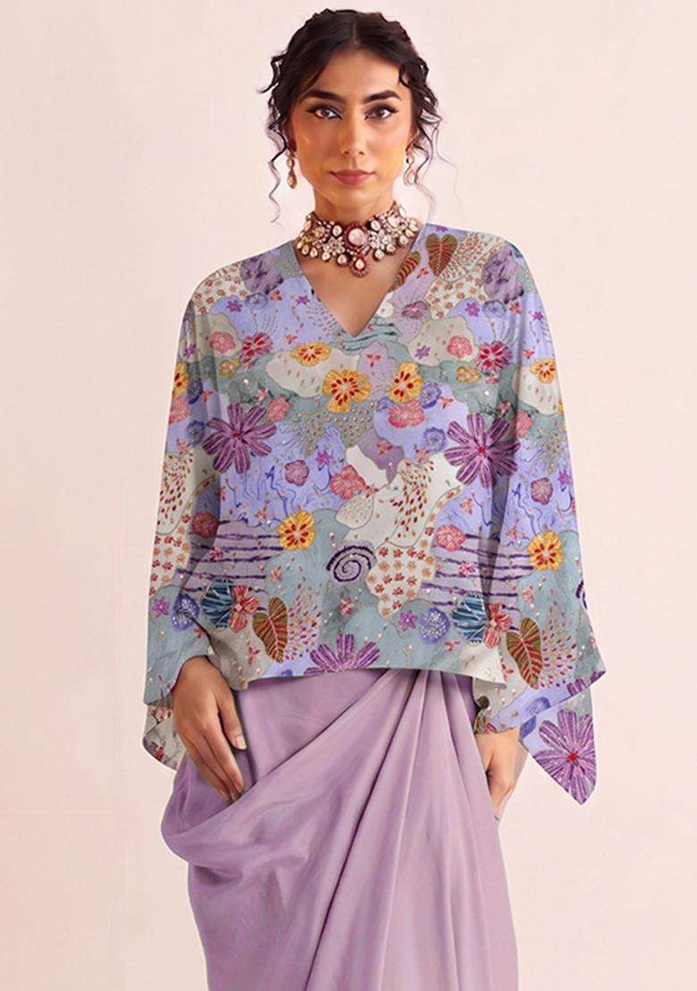 Blue Printed Crepe Fusion Set - Indya