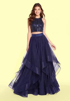 Navy Blue Sequin Net Prom Dress