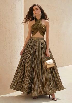 Olive Gold Zari Satin Prom Dress