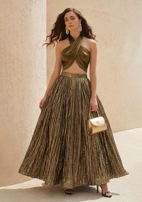 Olive Gold Zari Satin Prom Dress