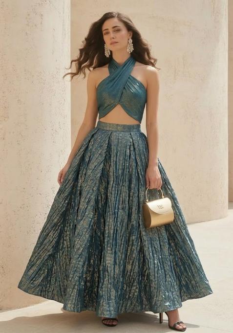 Metallic Blue Zari Satin Prom Dress