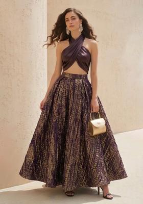 Plum Purple Zari Satin Prom Dress