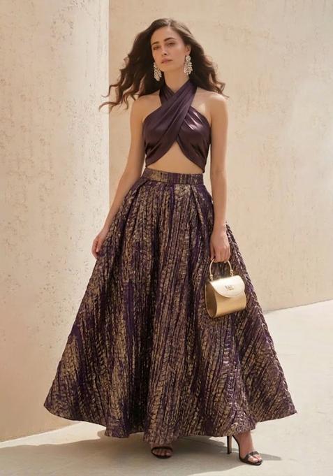 Plum Purple Zari Satin Prom Dress