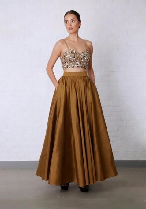 Antique Gold Embroidered Net Prom Dress