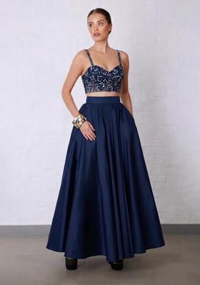 Navy Blue Embroidered Net Prom Dress