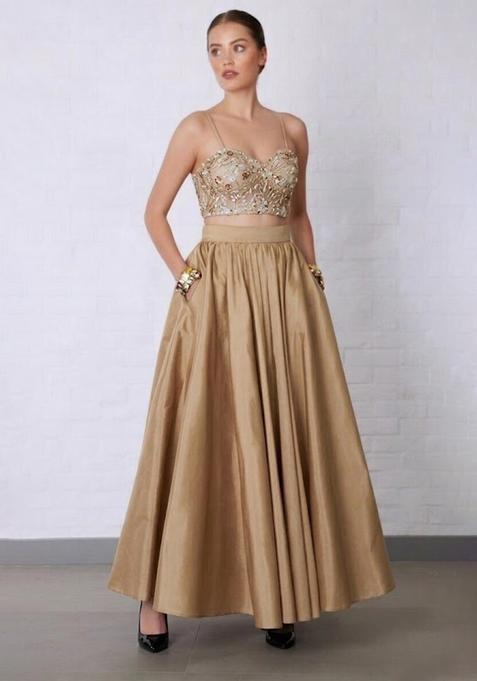 Beige Embroidered Net Prom Dress