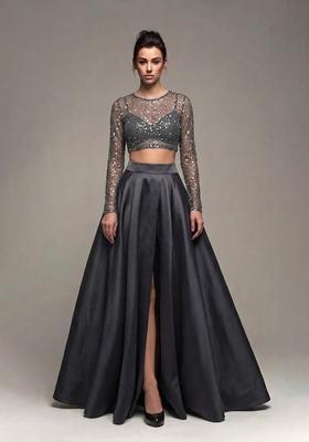 Charcoal Grey Sequin Net Prom Dress