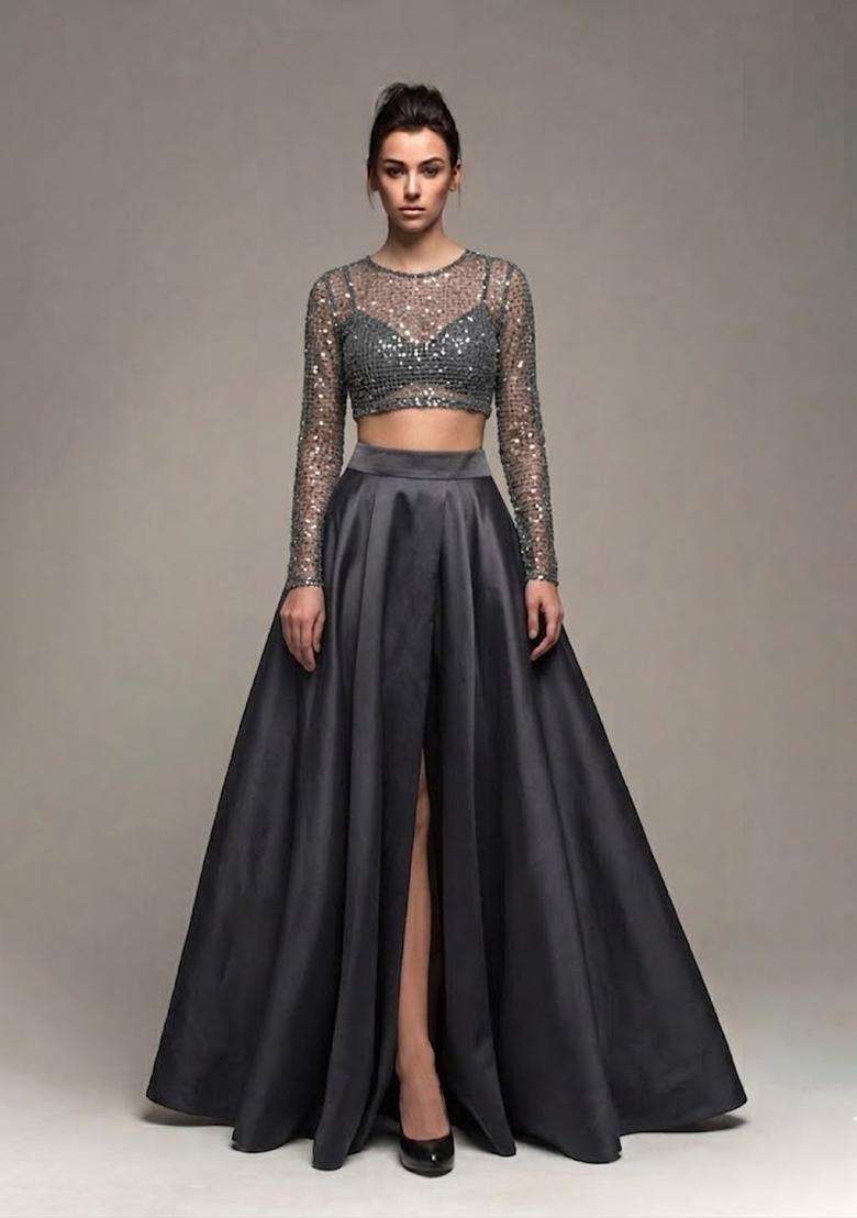 Charcoal Grey Sequin Net Prom Dress - Indya