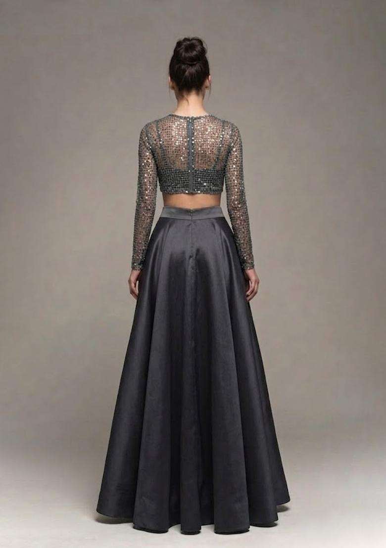 Charcoal Grey Sequin Net Prom Dress - Indya