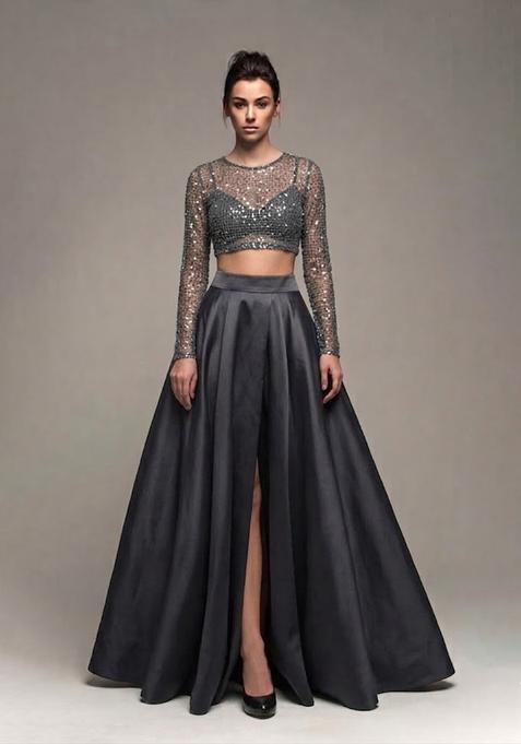 Charcoal Grey Sequin Net Prom Dress