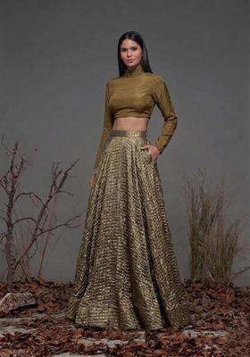 Olive Gold Zari Satin Prom Dress