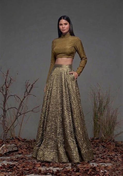 Olive Gold Zari Satin Prom Dress