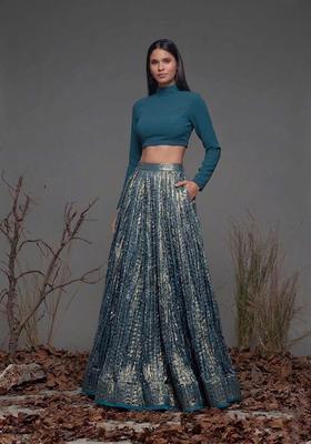 Metallic Blue Zari Satin Prom Dress