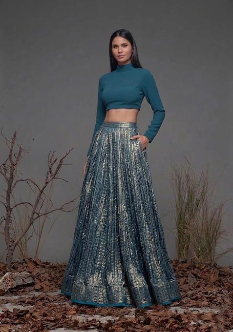 Metallic Blue Zari Satin Prom Dress