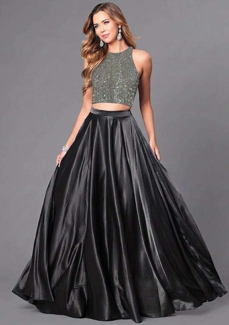 Black Sequin Net Prom Dress - Indya