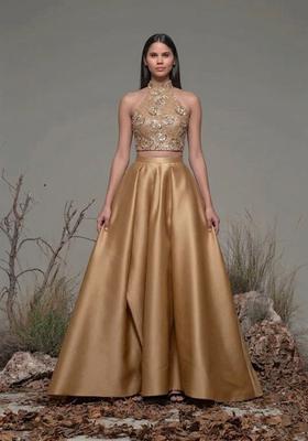 Brown Embroidered Net Prom Dress
