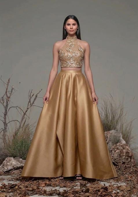 Brown Embroidered Net Prom Dress