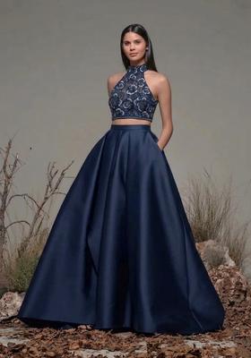 Deep Blue Embroidered Net Prom Dress