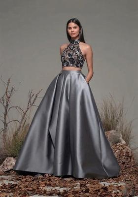 Grey Embroidered Net Prom Dress