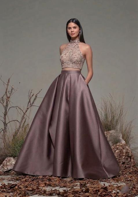 Mauve Embroidered Net Prom Dress