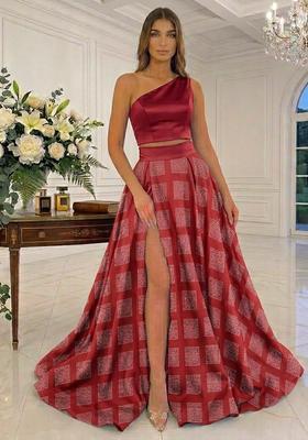Burgundy Printed Satin Prom Dress