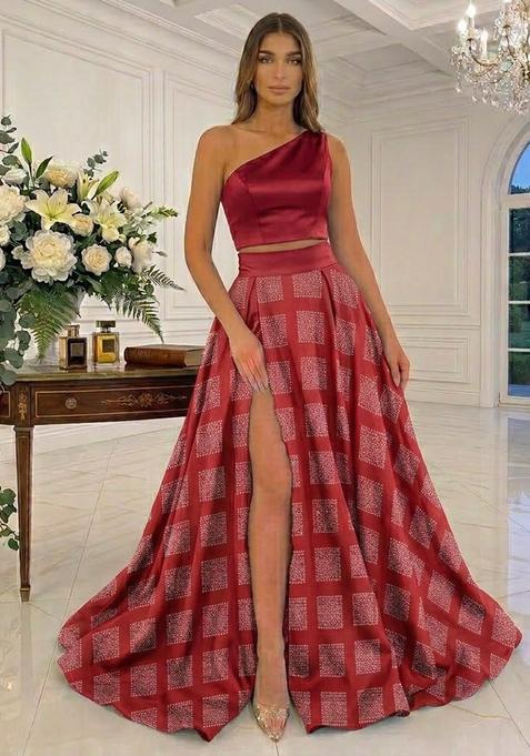 Burgundy Printed Satin Prom Dress
