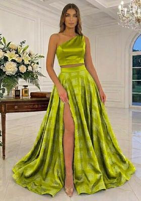 Lime Green Printed Satin Prom Dress