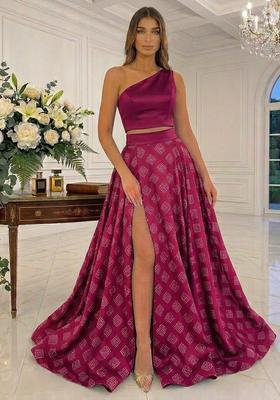 Rani Pink Printed Satin Prom Dress