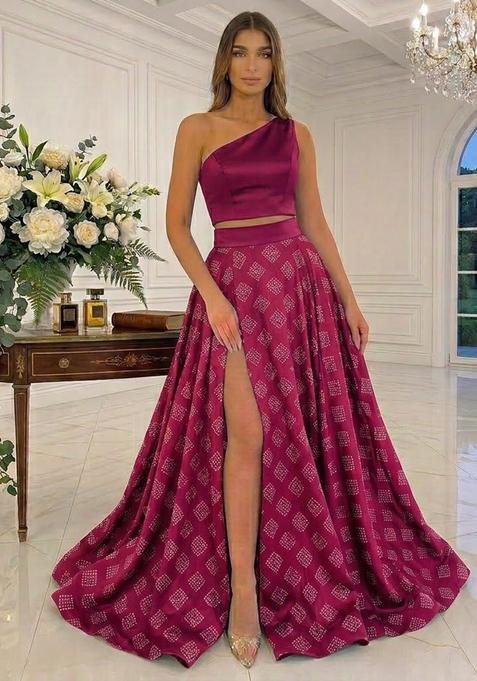 Rani Pink Printed Satin Prom Dress