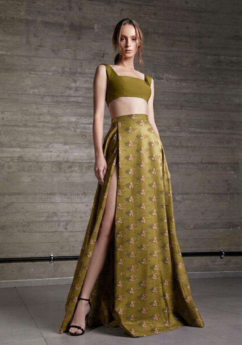 Olive Green Prom Satin Dress with Printed for Diwali | Wedding & Festive Wear - Indya