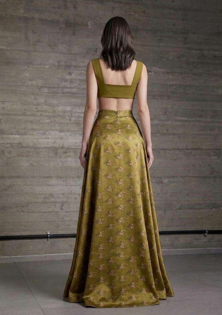 Olive Green Prom Satin Dress with Printed for Diwali | Wedding & Festive Wear - Indya