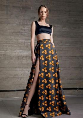 Black Printed Satin Prom Dress
