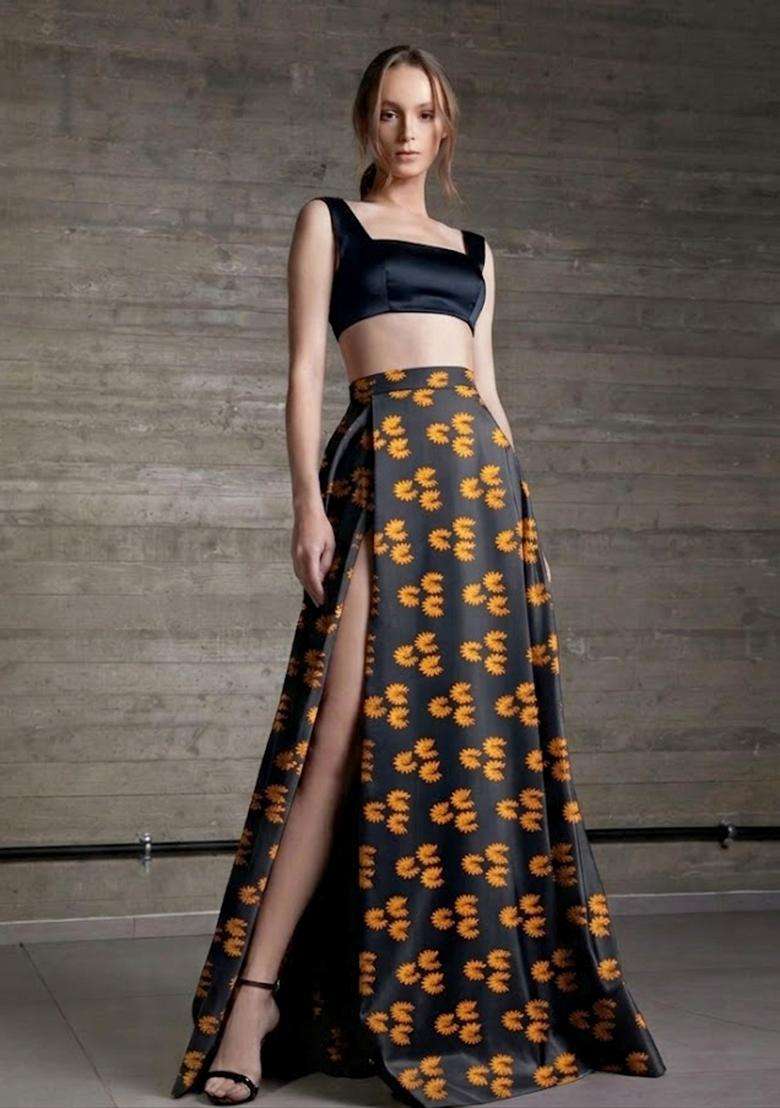 Black Prom Satin Dress with Printed for Diwali | Wedding & Festive Wear - Indya