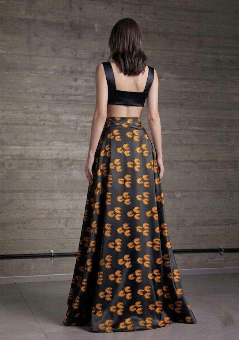 Black Prom Satin Dress with Printed for Diwali | Wedding & Festive Wear - Indya